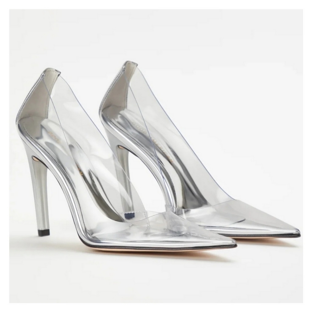 NEW IN BOX Good American Cinderella Silver Clear Pointed Toe Stiletto Heels